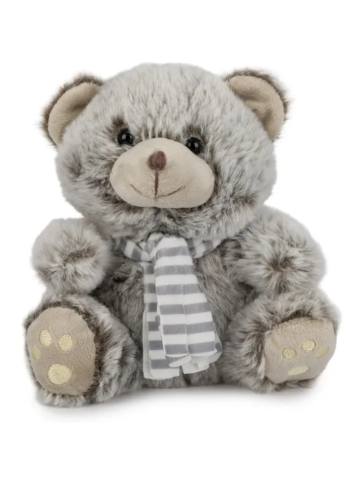 Miś szaro-beżowy w szaliku w paski 16 cm, zdjęcie produktu